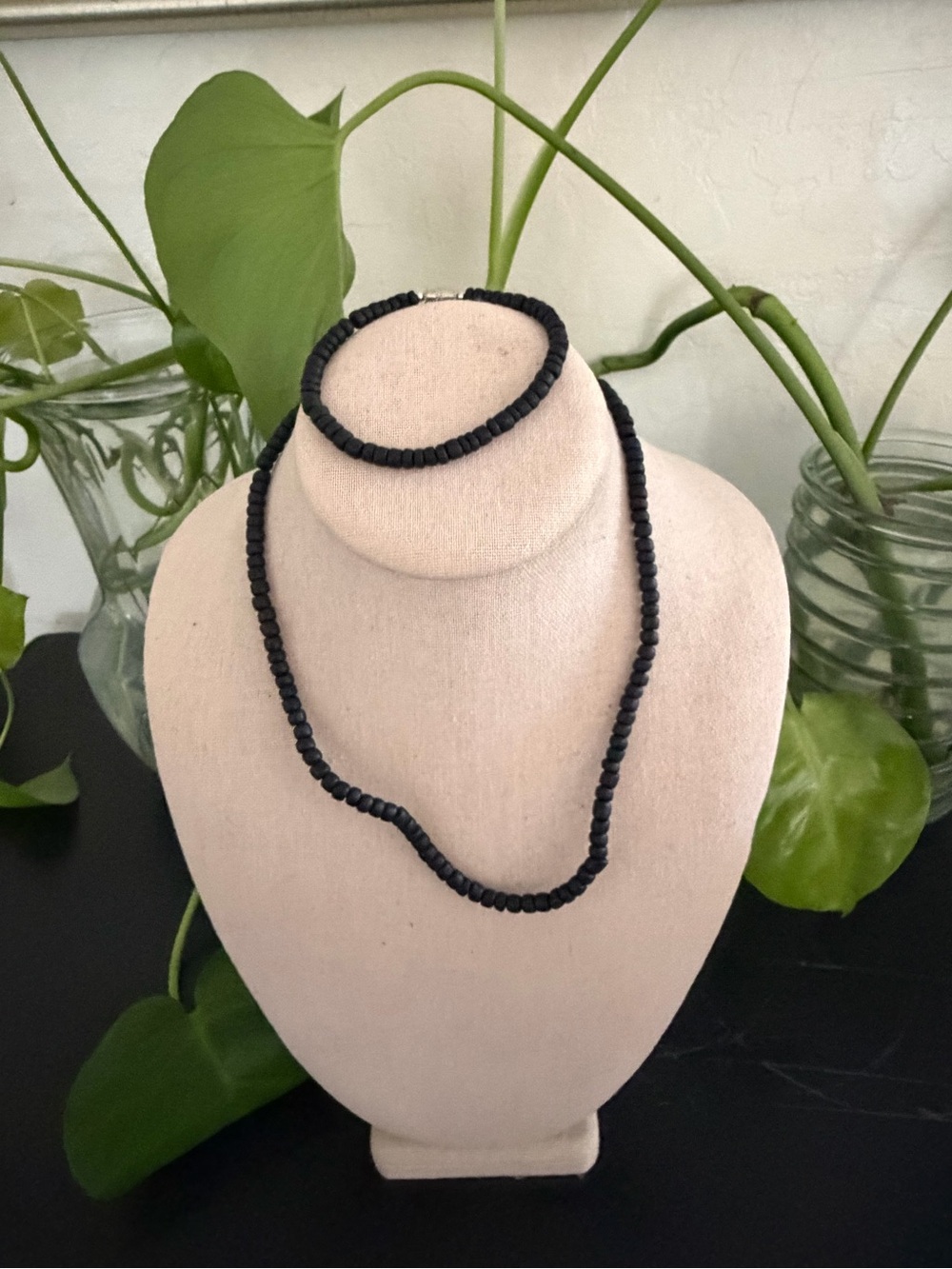 Vintage 70’s Hawaiian Surfer Black Lava Beads Necklace Bracelet Set